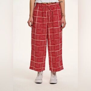 Lucy & Yak Cropped “Chuck” Pants in Red Geometric Block-Print - Wide Leg